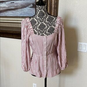 Striped Red and White Peasant Blouse - Feminine Button-Front Top